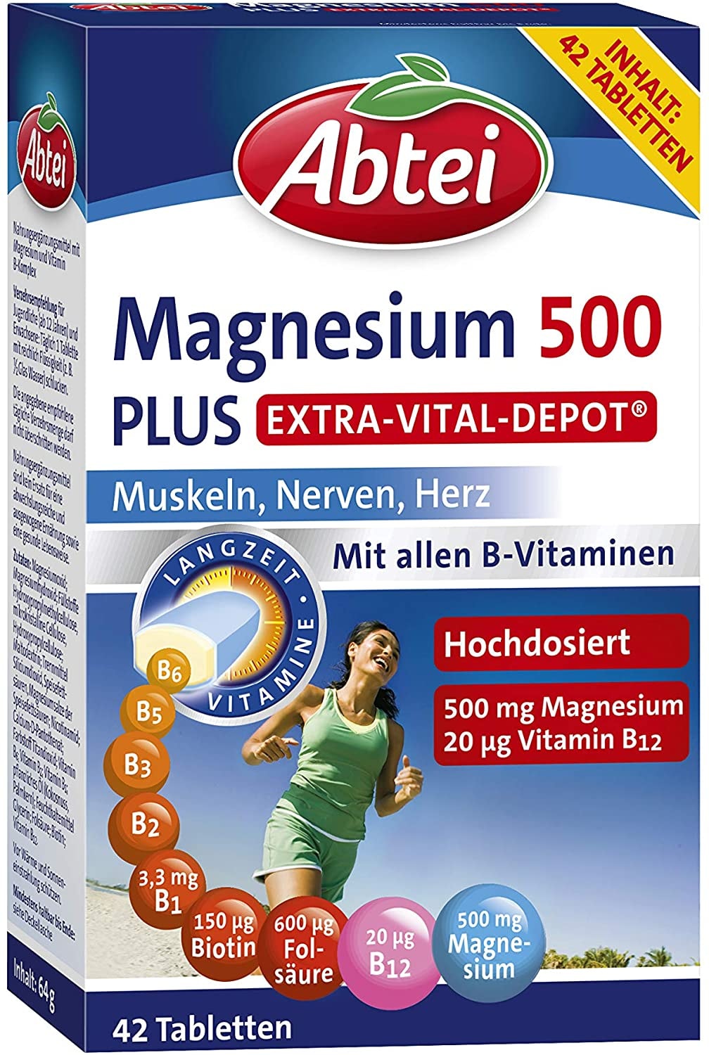 Produktbild von Abtei Magnesium 500 Plus Extra-Vital-Depot - für Muskeln, Nerven und Herz - hochdosiert mit 500 mg Magnesium und dem gesamten Vitamin B-Komplex - 1 x 42 Tabletten - vegan