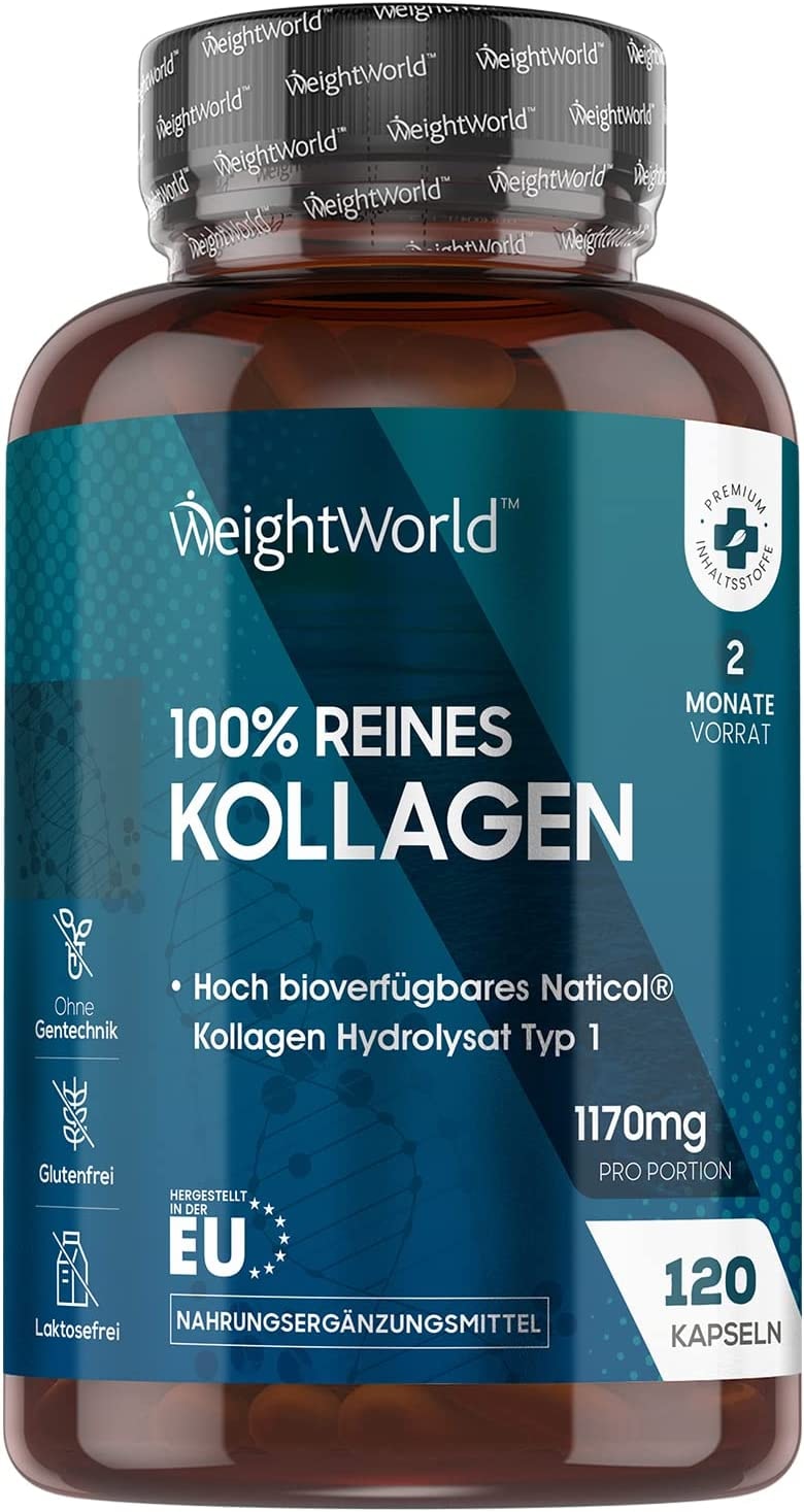 Produktbild von Bewertung WeightWorld Kollagen Kapseln 1170mg pures Marine Collagen Typ 1 - 120 Kapseln NatiCol Kollagen-Hydrolysat Typ1 Laborgeprüft in Deutschland Reines Kollagen Protein Pulver in jeder Kapsel Von WeightWorld