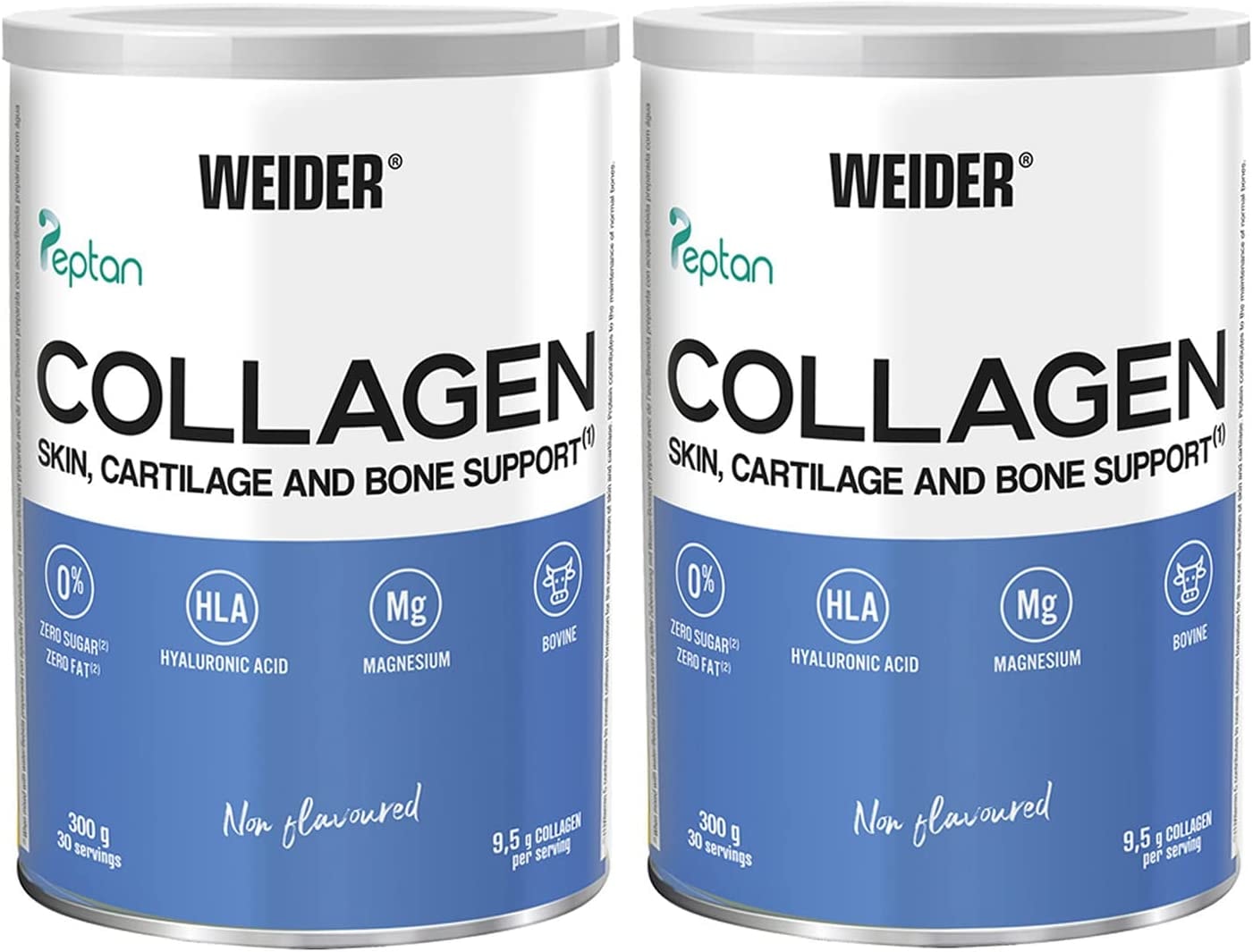 Produktbild von WEIDER Collagen Pulver Duo Pack, Kollagen Peptide hochdosiert, mit Hyaluronsäure, Magnesium und Vitamin C, zuckerfrei, für gesunde Haut, Knorpel und Knochen, 2x 300g (2x 30 Portionen!)