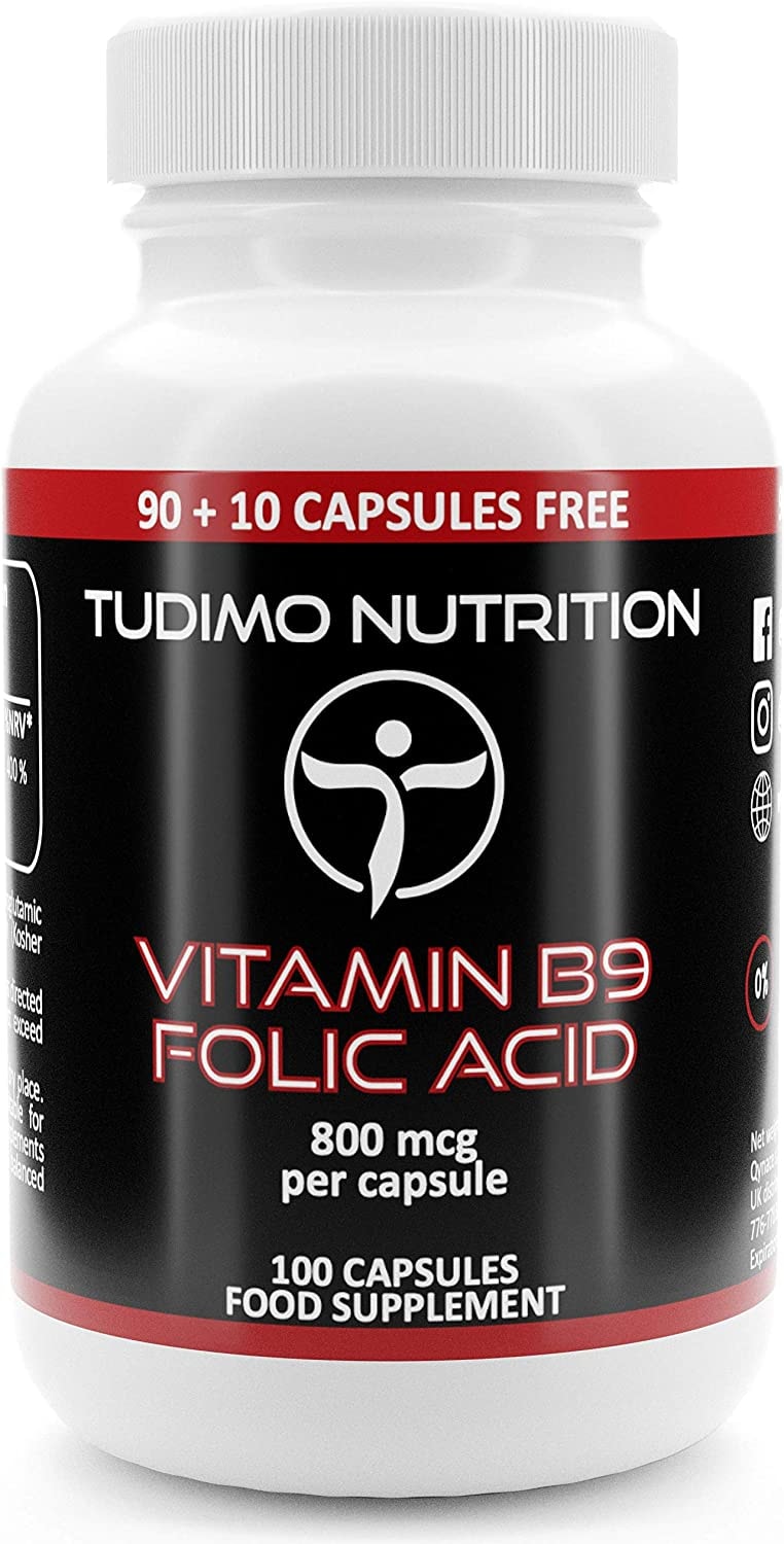 TUDIMO - Vitamin B9 Folsäure 800 mcg Kapseln - 100 Hochdosiert (3+ Monatsvorrat) Schnell Auflösende Tabletten (Folsauretabletten), mit je 800mcg an Hochwertigem Vit B-9 Folic Acid Supplement Pulver