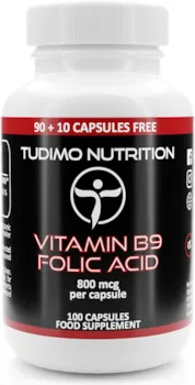 TUDIMO - Vitamin B9 Folsäure 800 mcg Kapseln - 100 Hochdosiert (3+ Monatsvorrat) Schnell Auflösende Tabletten (Folsauretabletten), mit je 800mcg an Hochwertigem Vit B-9 Folic Acid Supplement Pulver