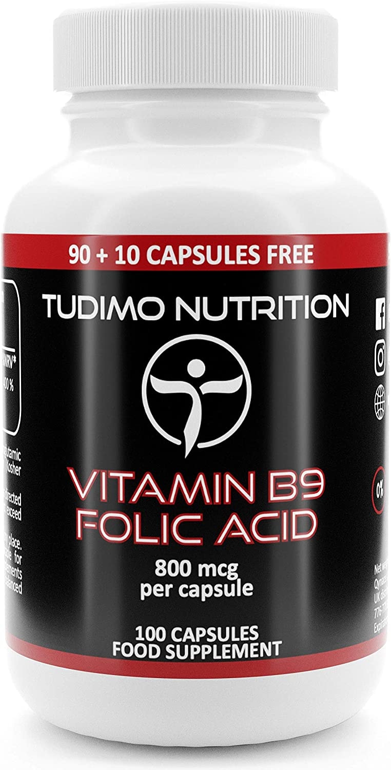 Produktbild von TUDIMO - Vitamin B9 Folsäure 800 mcg Kapseln - 100 Hochdosiert (3+ Monatsvorrat) Schnell Auflösende Tabletten (Folsauretabletten), mit je 800mcg an Hochwertigem Vit B-9 Folic Acid Supplement Pulver