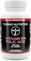Produktbild von TUDIMO - Vitamin B9 Folsäure 800 mcg Kapseln - 100 Hochdosiert (3+ Monatsvorrat) Schnell Auflösende Tabletten (Folsauretabletten), mit je 800mcg an Hochwertigem Vit B-9 Folic Acid Supplement Pulver