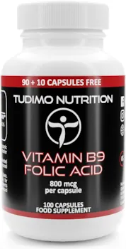 Produktbild von TUDIMO - Vitamin B9 Folsäure 800 mcg Kapseln - 100 Hochdosiert (3+ Monatsvorrat) Schnell Auflösende Tabletten (Folsauretabletten), mit je 800mcg an Hochwertigem Vit B-9 Folic Acid Supplement Pulver
