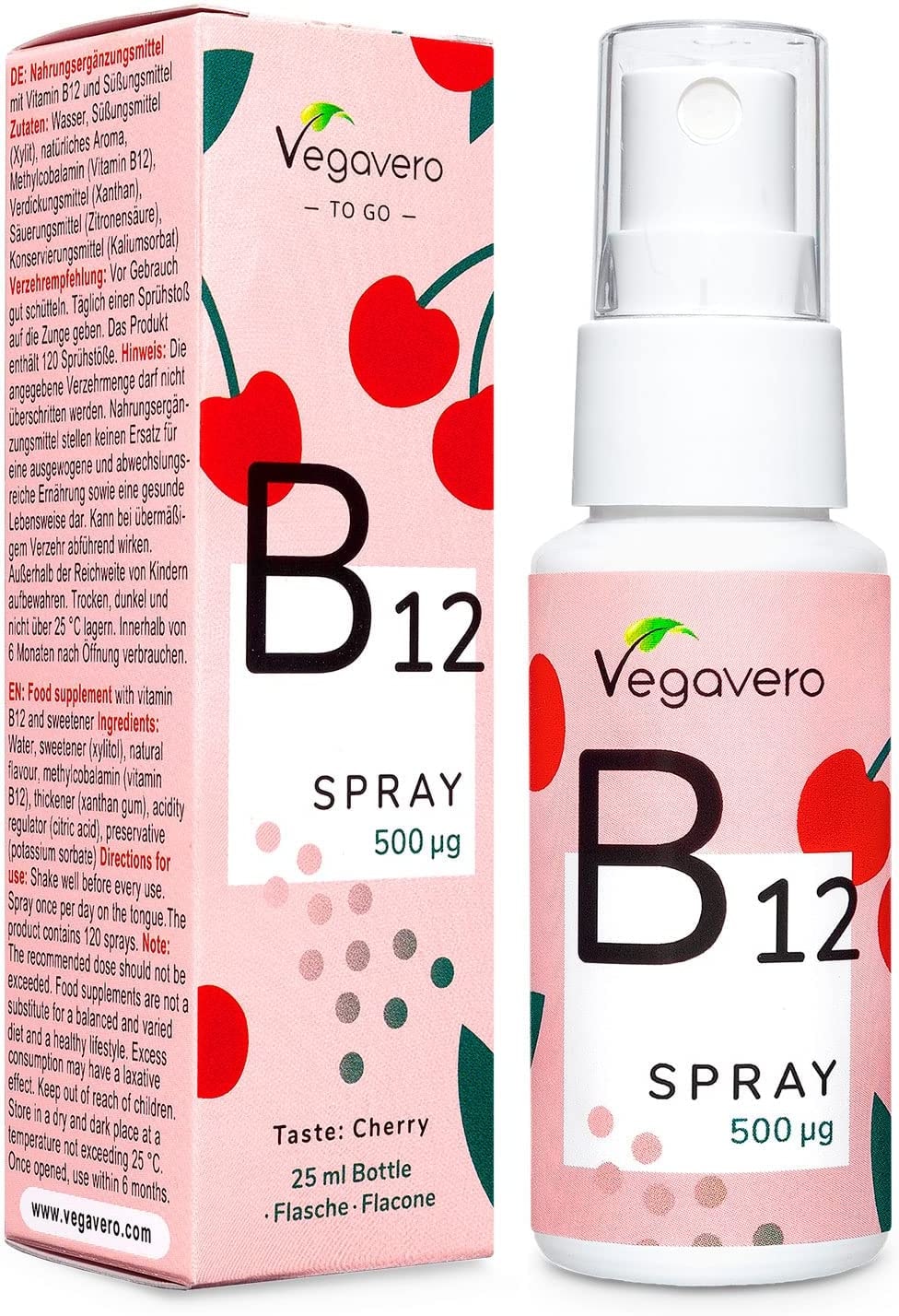 Produktbild von Vegavero VITAMIN B12 Spray Vegavero 500 µg Methylcobalamin pro Sprühstoß Zuckerfrei Ohne Alkohol Leckerer Kirschgeschmack Hochdosiert Vegan 25 ml 210 Portionen