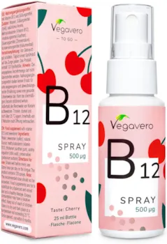 Produktbild von Vegavero VITAMIN B12 Spray Vegavero 500 µg Methylcobalamin pro Sprühstoß Zuckerfrei Ohne Alkohol Leckerer Kirschgeschmack Hochdosiert Vegan 25 ml 210 Portionen