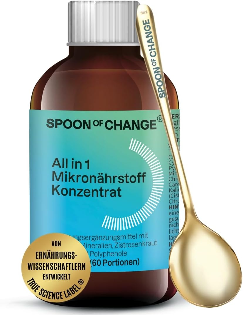 Produktbild von Bewertung Spoon of Change Premium ALL IN ONE Mikronährstoff Konzentrat flüssiges Multivitamin Vitaminen Mineralien Spurenelementen Sekundäre Pflanzenstoffe inkl. goldenem Dosierlöffel für 2 Monate 60 Portionen
