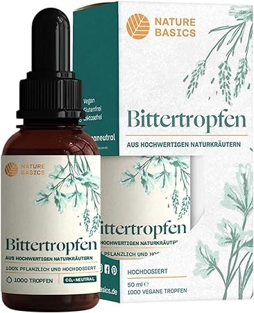 Produktbild von Bewertung Nature Basics Bittertropfen 1000 Tropfen 20 Tropfen pro Tagesdosis hochwertige Naturkräuter ohne Alkohol nach Hildegard von Bingen Vegan Zertifiziert & Nachhaltig im Glas