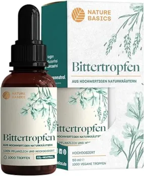Produktbild von Bewertung Nature Basics Bittertropfen 1000 Tropfen 20 Tropfen pro Tagesdosis hochwertige Naturkräuter ohne Alkohol nach Hildegard von Bingen Vegan Zertifiziert & Nachhaltig im Glas