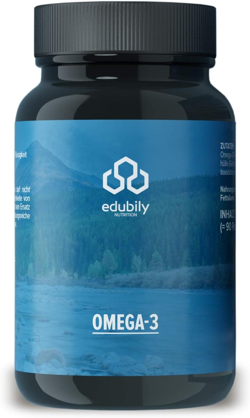 Produktbild von Bewertung edubily nutrition Omega-3 Fischöl Kapseln nachhaltigem Wildfang mit EPA DHA Kapseln in pharmazeutischer Qualität aus kleine Kapseln 90 Kapseln im Braunglas
