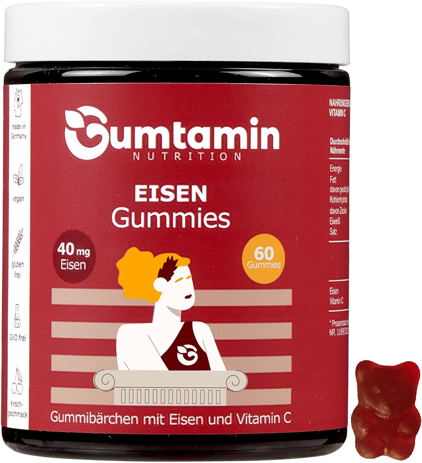 Produktbild von Gumtamin Eisen Gummibärchen mit Vitamin C – hochdosiert mit 40mg Eisen – vegan – 60 Gummies – Alternative zu Eisentabletten / Kapseln