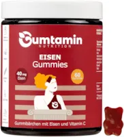 Produktbild von Gumtamin Eisen Gummibärchen mit Vitamin C – hochdosiert mit 40mg Eisen – vegan – 60 Gummies – Alternative zu Eisentabletten / Kapseln