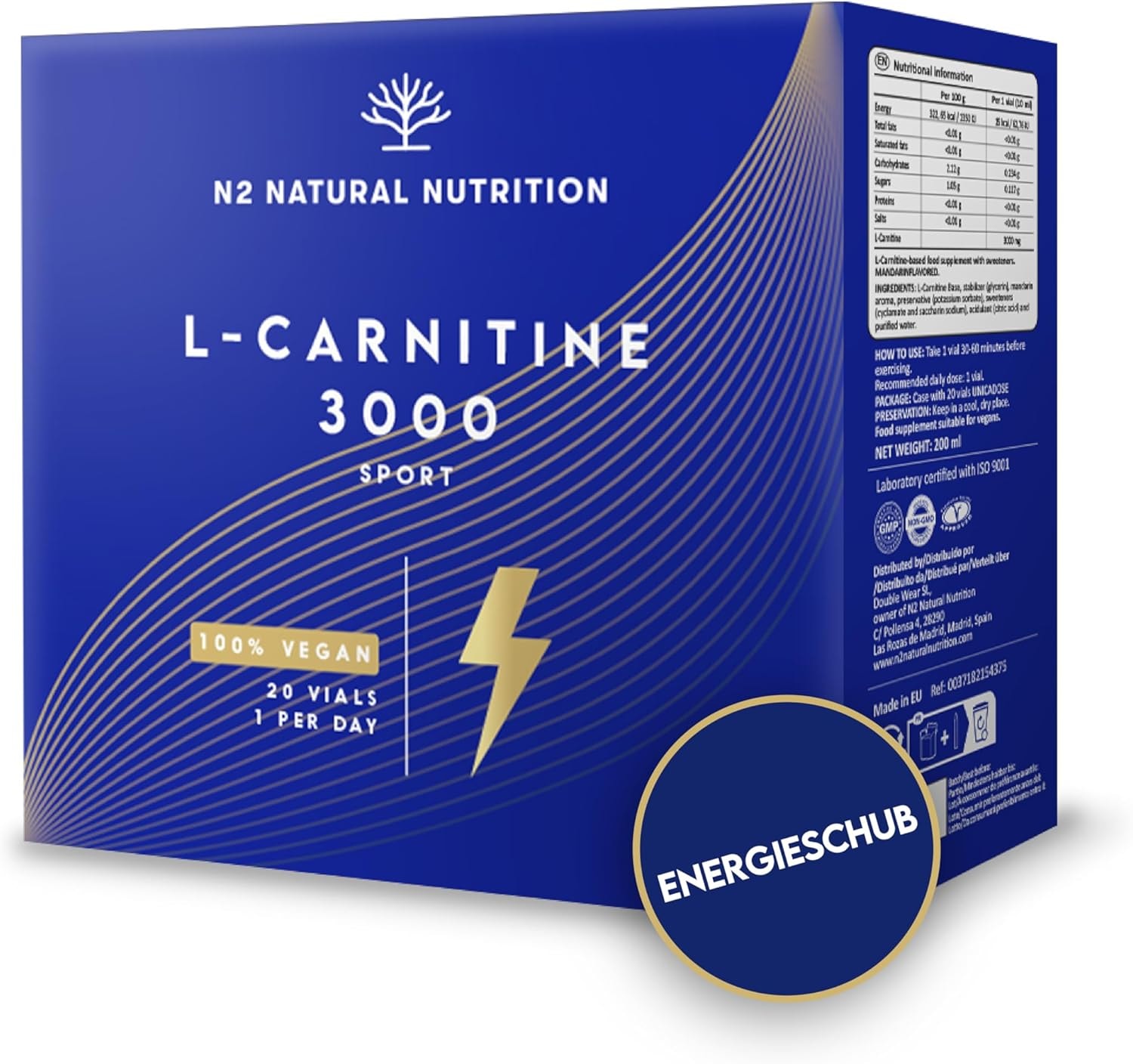 Produktbild von Bewertung N2 NATURAL NUTRITION L CARNITIN 3000 Rein flüssig hochdosiert für Kraft Fitness Sport Fatburner erhöht Leistungsfähigkeit Fettverbrenner Energie ohne Zusätze 20 Ampullen Vegan Zertifiziert CE N2