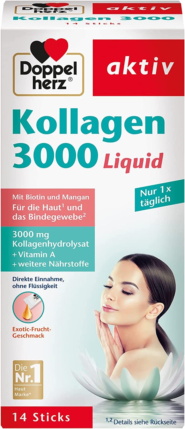 Produktbild von Doppelherz Kollagen 3000 Liquid Haut Bindegewebe mit Vitamin A, Zink und Biotin als Beitrag zur Erhaltung normaler Haut – 14 Portionsbeutel