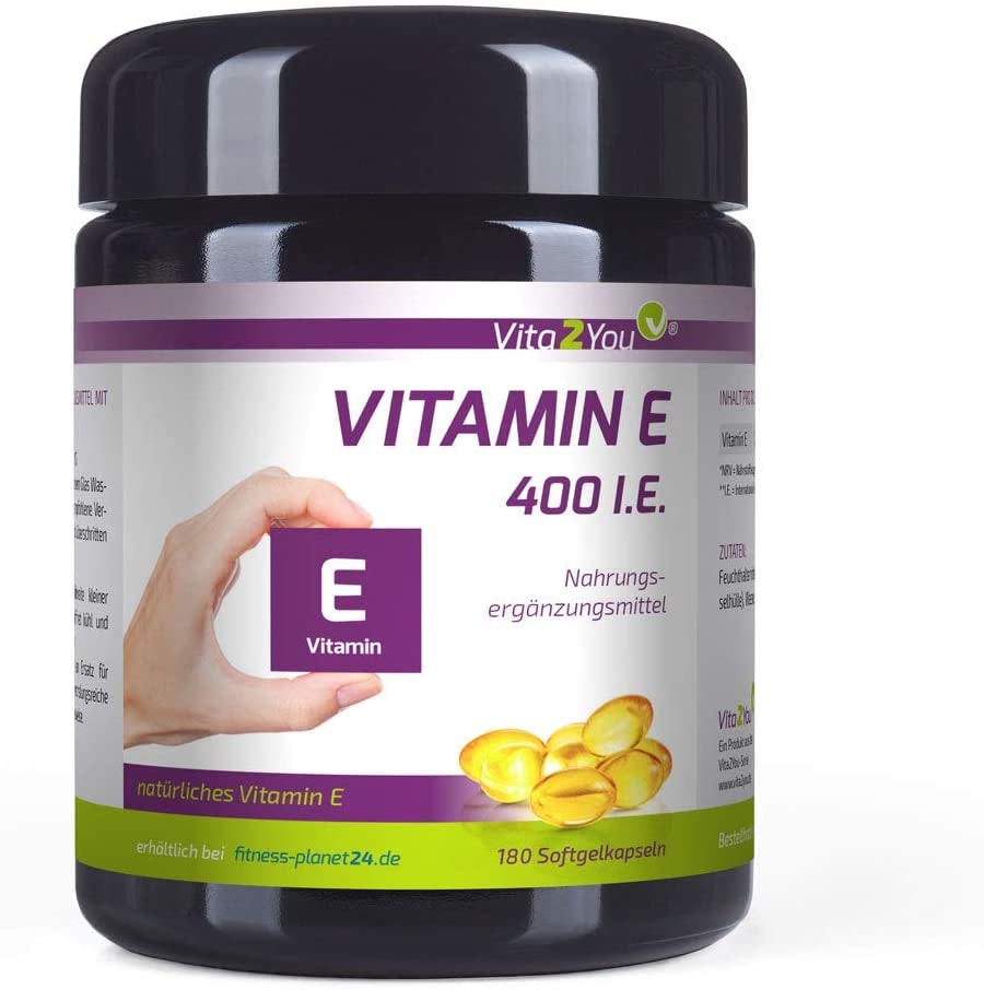 Produktbild von Vita2You Vitamin E 400 IE - 180 Softgel Kapseln - Natürliches Vitamin E - D-Alpha-Tocopherol - Hochdosiert - Miron Glas - Premium Qualität