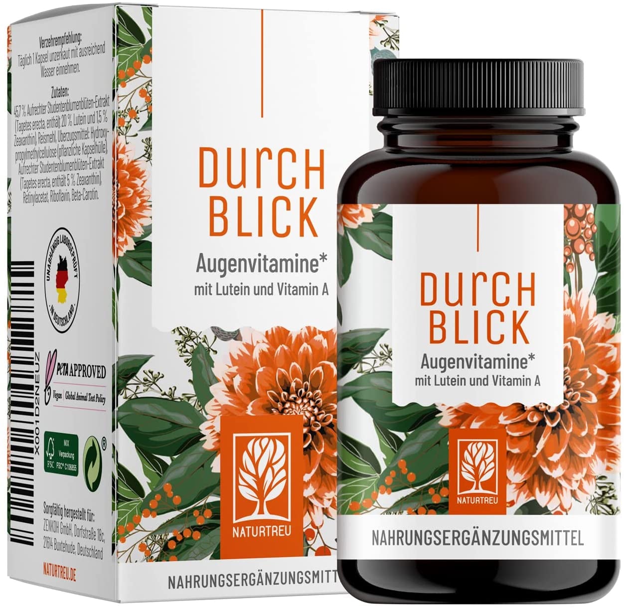 Produktbild von NATURTREU Durchblick Augenvitamine Lutein Zeaxanthin Komplex Kapseln mit Beta Carotin & Vitamin A hochdosiert & Vegan 90 Augenkapseln mit Lutein 20mg für 3 Monate Augen Vitamine 100% natürlich
