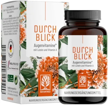 Produktbild von NATURTREU Durchblick Augenvitamine Lutein Zeaxanthin Komplex Kapseln mit Beta Carotin & Vitamin A hochdosiert & Vegan 90 Augenkapseln mit Lutein 20mg für 3 Monate Augen Vitamine 100% natürlich
