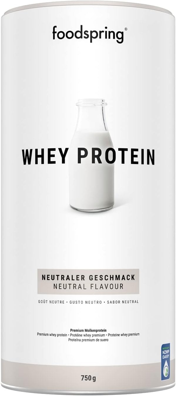 Produktbild von Bewertung foodspring Whey Protein Pulver Neutral mit 24g Eiweiß zum Muskelaufbau perfekte Löslichkeit aus Weidemilch reich an BCAAs & EAAs  750g