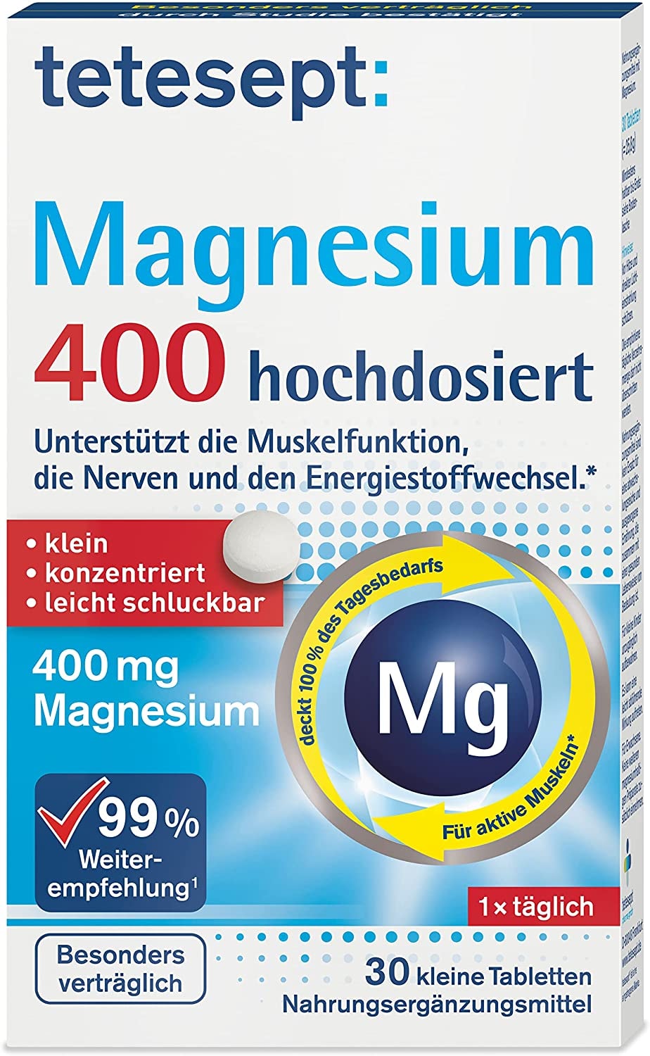 tetesept Magnesium 400 – Nahrungsergänzungsmittel für Muskeln, Herz und Nerven – Aufgrund der geringen Tabletten-Größe besonders leicht schluckbar – 1 x 30 Kompakt-Tabletten