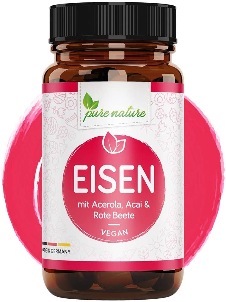 Produktbild von Pure Nature Eisen Kapseln hochdosiert + Pflanzliche Blutnährstoffe I 120 Eisen Kapseln I hoch bioverfügbar mit Acai, Rote Beete, Vitamin C aus Acerola, Folsäure, Vitamin B2 & B12 I Made in Germany I Vegan