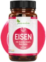 Produktbild von Pure Nature Eisen Kapseln hochdosiert + Pflanzliche Blutnährstoffe I 120 Eisen Kapseln I hoch bioverfügbar mit Acai, Rote Beete, Vitamin C aus Acerola, Folsäure, Vitamin B2 & B12 I Made in Germany I Vegan