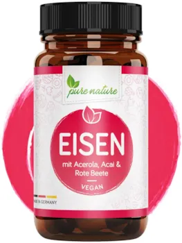 Produktbild von Pure Nature Eisen Kapseln hochdosiert + Pflanzliche Blutnährstoffe I 120 Eisen Kapseln I hoch bioverfügbar mit Acai, Rote Beete, Vitamin C aus Acerola, Folsäure, Vitamin B2 & B12 I Made in Germany I Vegan