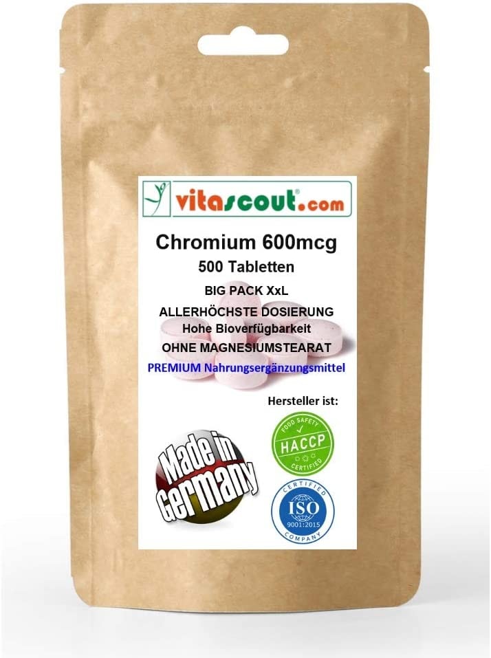 vitascout Chromium Picolinate 600mcg - 500 Tabletten - OHNE MAGNESIUMSTEARAT - MADE IN GERMANY - ALLERHÖCHSTE DOSIERUNG