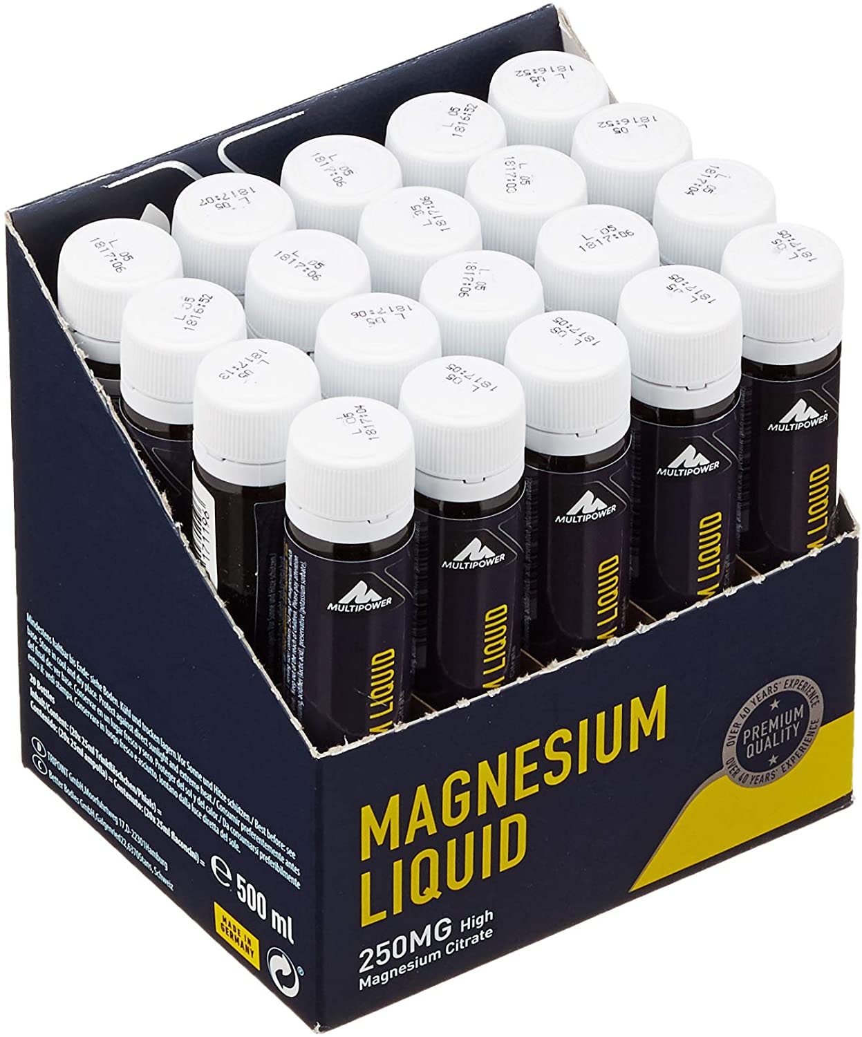 Produktbild von Multipower Supplements Magnesium Liquid im 20er Pack (20 Ampullen / insg. 500 ml) – Hochkonzentriertes Magnesiumcitrat unterstützt die Regeneration – Mineralstoff beugt Muskelkrämpfen vor