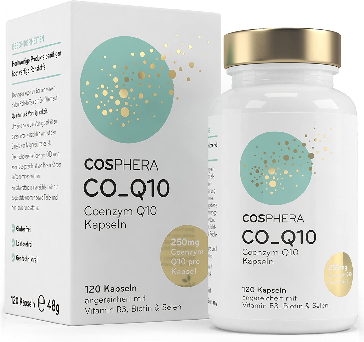 Produktbild von COSPHERA Coenzym Q10 Hochdosiert mit 250 mg pro Kapse 120 vegane Kapseln im 4 Monatsvorrat Angereichert mit Biotin Vitamin B7 & Niacin als Beitrag zum Erhalt normaler Haut & für einen normalen Energiestoffwechsel