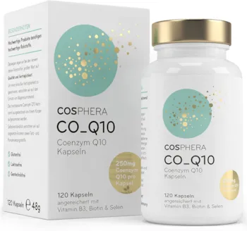 Produktbild von COSPHERA Coenzym Q10 Hochdosiert mit 250 mg pro Kapse 120 vegane Kapseln im 4 Monatsvorrat Angereichert mit Biotin Vitamin B7 & Niacin als Beitrag zum Erhalt normaler Haut & für einen normalen Energiestoffwechsel