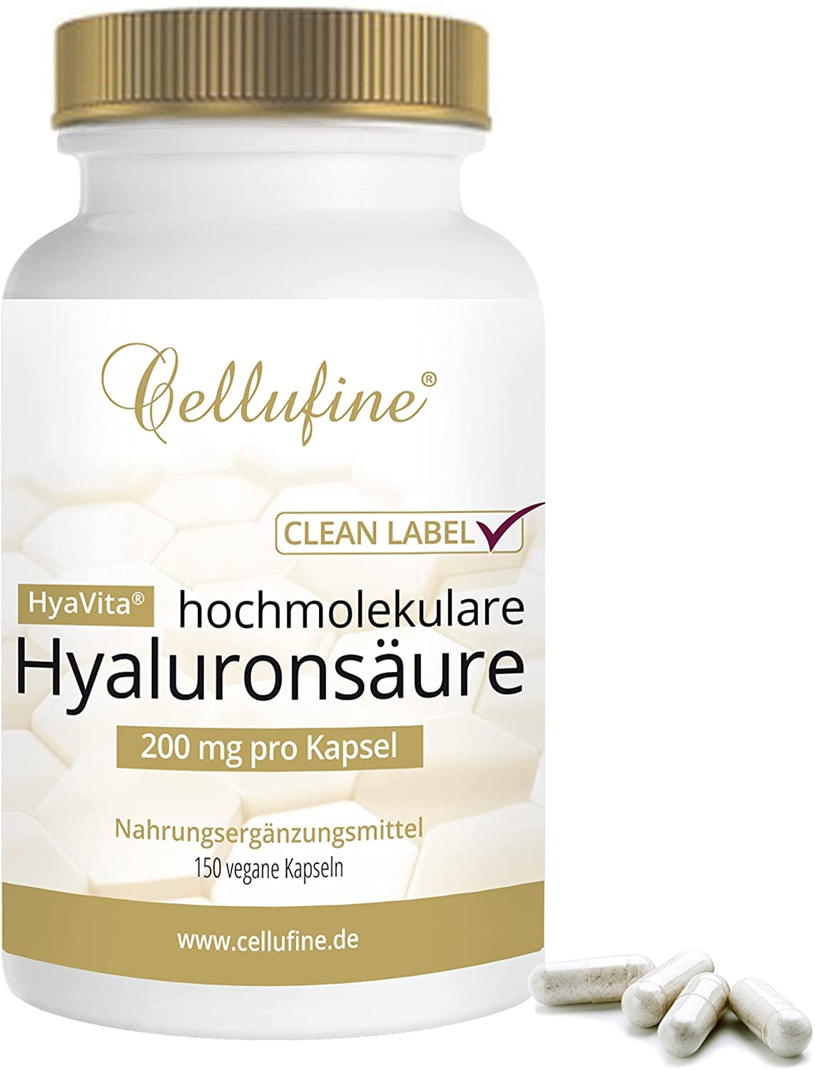 Produktbild von Cellufine HyaVita Hyaluronsäure 150 Kapseln hochdosiert, hochmolekular, glutenfrei, vegan 150 glutenfreie Kapseln mit HyaVita Hyaluronsäure I natürlich & ohne Konservierungsstoffe
