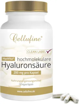 Produktbild von Cellufine HyaVita Hyaluronsäure 150 Kapseln hochdosiert, hochmolekular, glutenfrei, vegan 150 glutenfreie Kapseln mit HyaVita Hyaluronsäure I natürlich & ohne Konservierungsstoffe