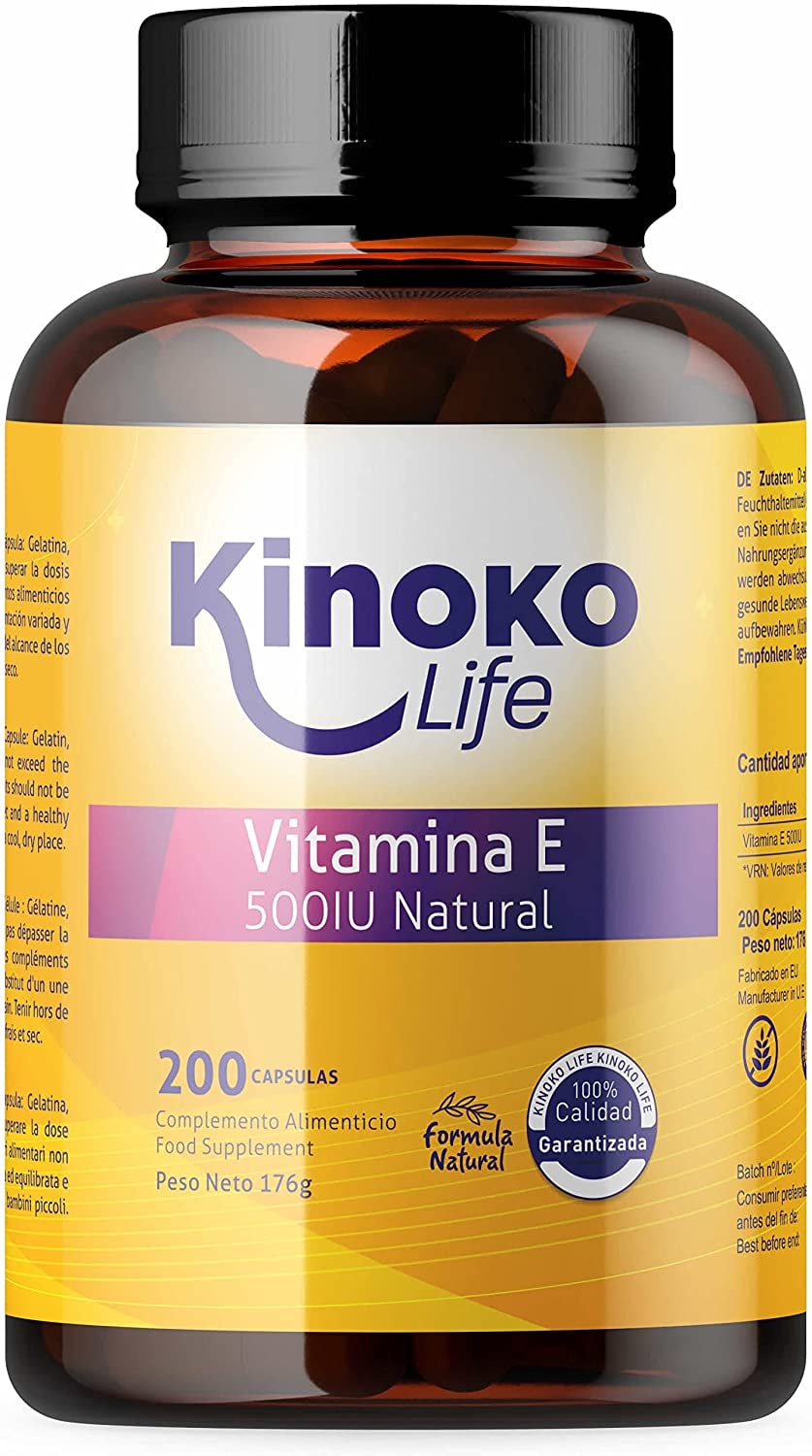 Produktbild von Kinoko life Natürliches VITAMIN E 500 IE | 200 Kapseln | 100% fettlöslich und rein | Schwermetallfrei | Enthält kein Soja | Immunsystem, schützt unsere Haut und unser Herz | Glutenfrei Ohne Magnesiumstearat