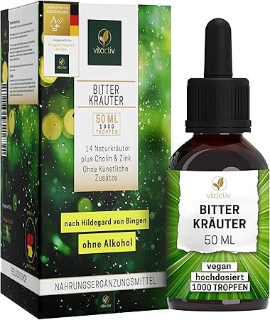 Produktbild von Bewertung Vitactiv Bitterkräuter Bittertropfen ohne Alkohol Erlesene Kräuter plus Cholin & Zink Bitterstoffe Tropfen nach Hildegard von Bingen Ohne Künstliche Zusätze, Zuckerfrei, Vegan 50ml