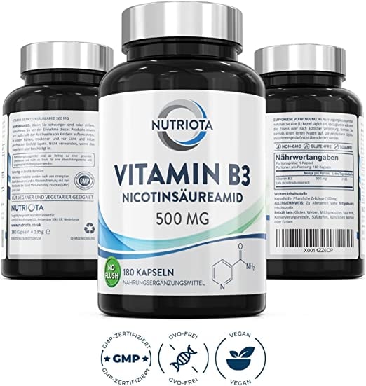 ‎Nutriota Vitamin B3 Nicotinamid 500 mg - 180 Hochdosiert Niacin-Kapseln ohne Flushing-Effekt (Flush Free) - Veganes Nicotinsäureamid Vitamin B3