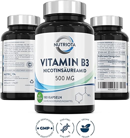 Produktbild von ‎Nutriota Vitamin B3 Nicotinamid 500 mg - 180 Hochdosiert Niacin-Kapseln ohne Flushing-Effekt (Flush Free) - Veganes Nicotinsäureamid Vitamin B3