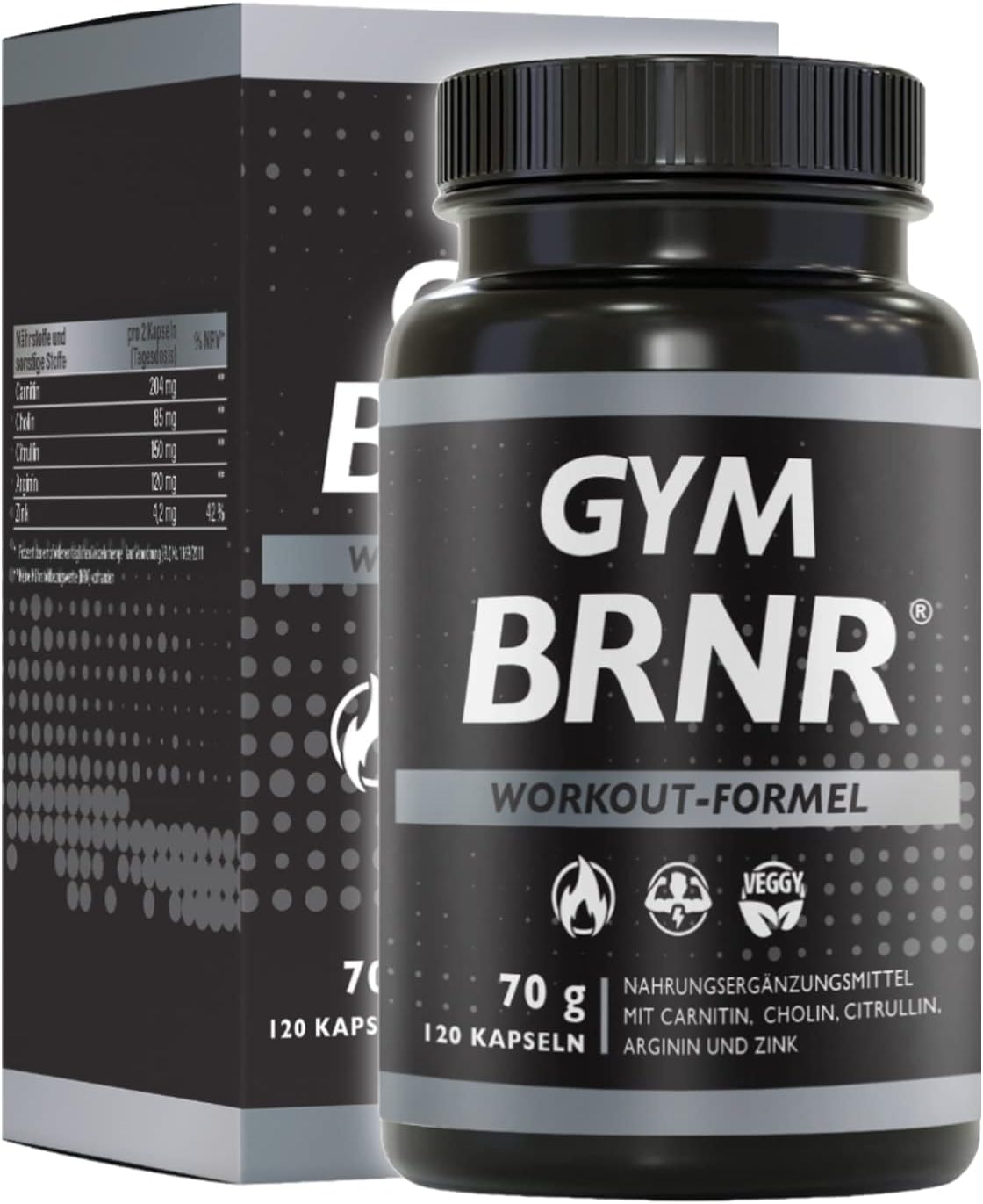 Produktbild von Bewertung BRNR GYM BRNR Pre Workout Fitness-Formel mit L-Carnitin, Citrullin, Arginin, Stoffwechsel-Matrix mit Cholin, Aminosäuren Komplex hochdosiert, 120 Kapseln