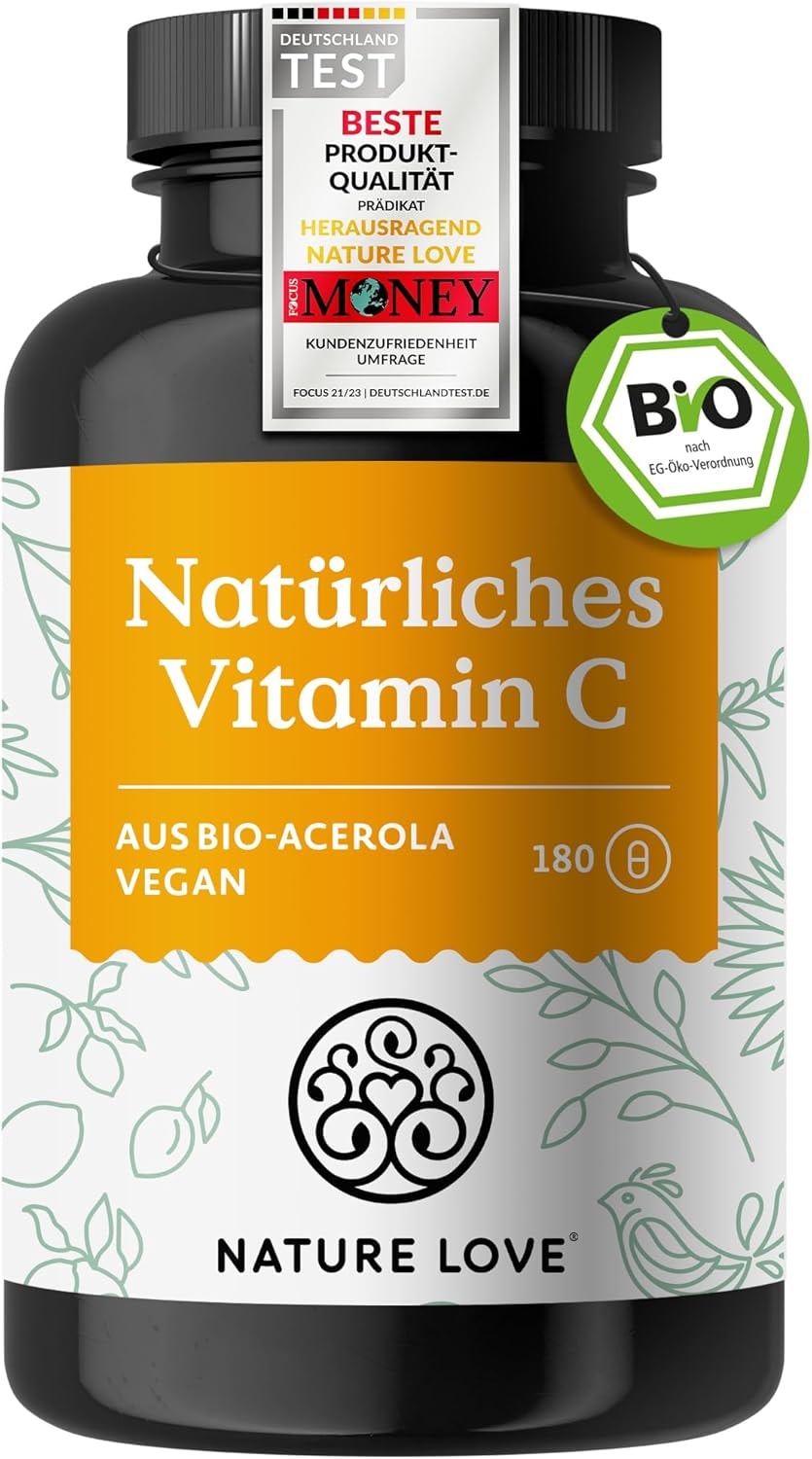 Produktbild von NATURE LOVE Natürliches Vitamin C in Bio Qualität 180 Kapseln Aus Bio Acerola Extrakt