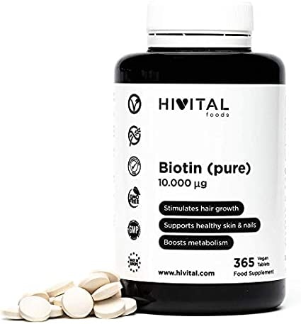 Produktbild von Hivital Foods Biotin 10000 mcg | 365 Vegane Tabletten (Vorrat für ein Jahr) | Vitamin B7, B8 oder H die das Haarwachstum stimuliert, die Haut und Nägel gesund hält und den Stoffwechsel verbessert