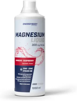 Energybody Magnesium Liquid Himbeere 1L / Magnesium Flüssig hochdosiert 300 mg/Flüssiges Magnesium mit Vitamin B6 & Zink für den Energiestoffwechsel