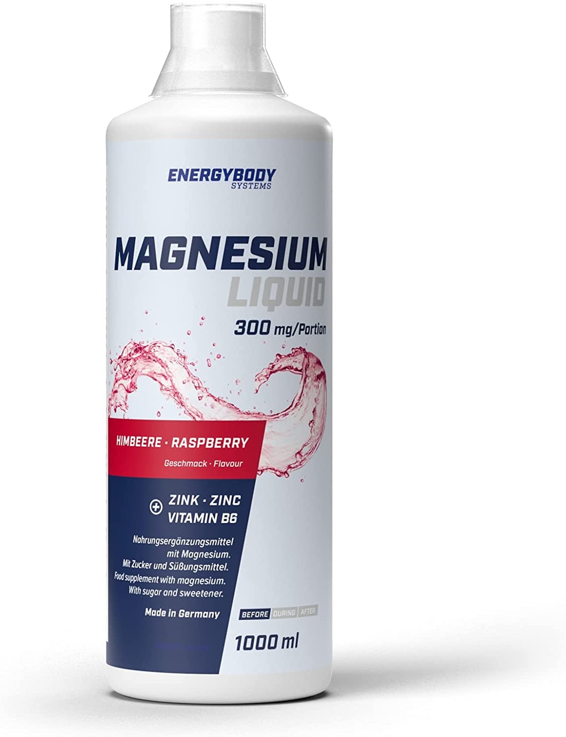 Produktbild von Energybody Magnesium Liquid Himbeere 1L / Magnesium Flüssig hochdosiert 300 mg/Flüssiges Magnesium mit Vitamin B6 & Zink für den Energiestoffwechsel