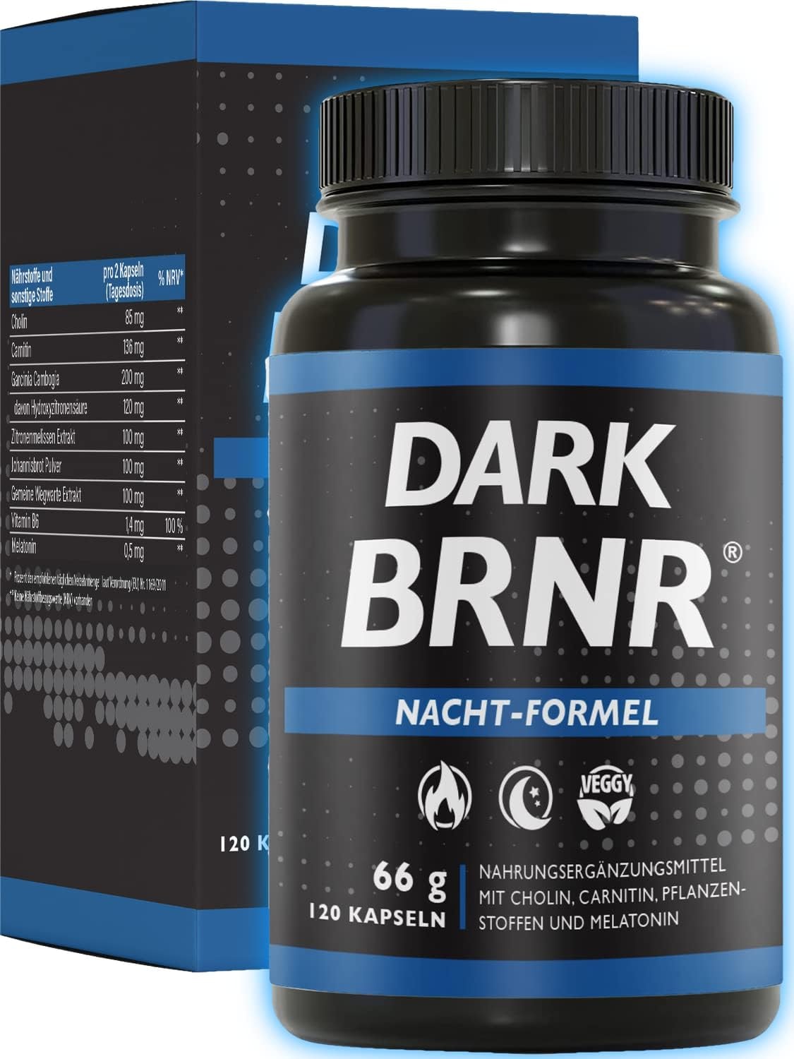 Produktbild von Bewertung BRNR DARK BRNR Nacht-Formel mit Melatonin und L-Carnitin Stoffwechsel-Rezeptur mit Cholin und Vitamin B6 120 Kapseln