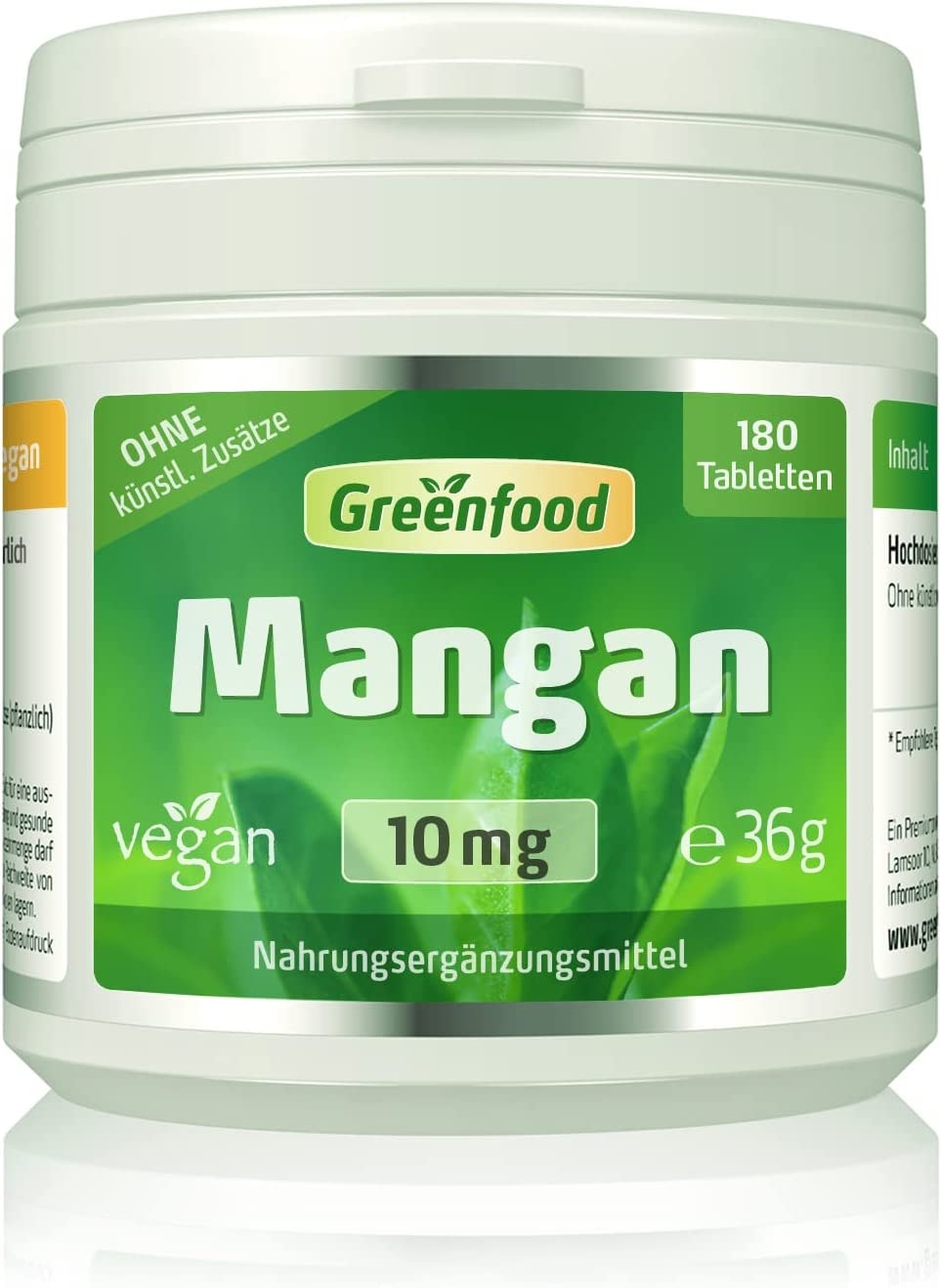 Produktbild von Greenfood - Mangan, 10 mg, hochdosiert, 180 Tabletten, vegan - für Knochen und Bindegewebsbildung. OHNE künstliche Zusätze, ohne Gentechnik.