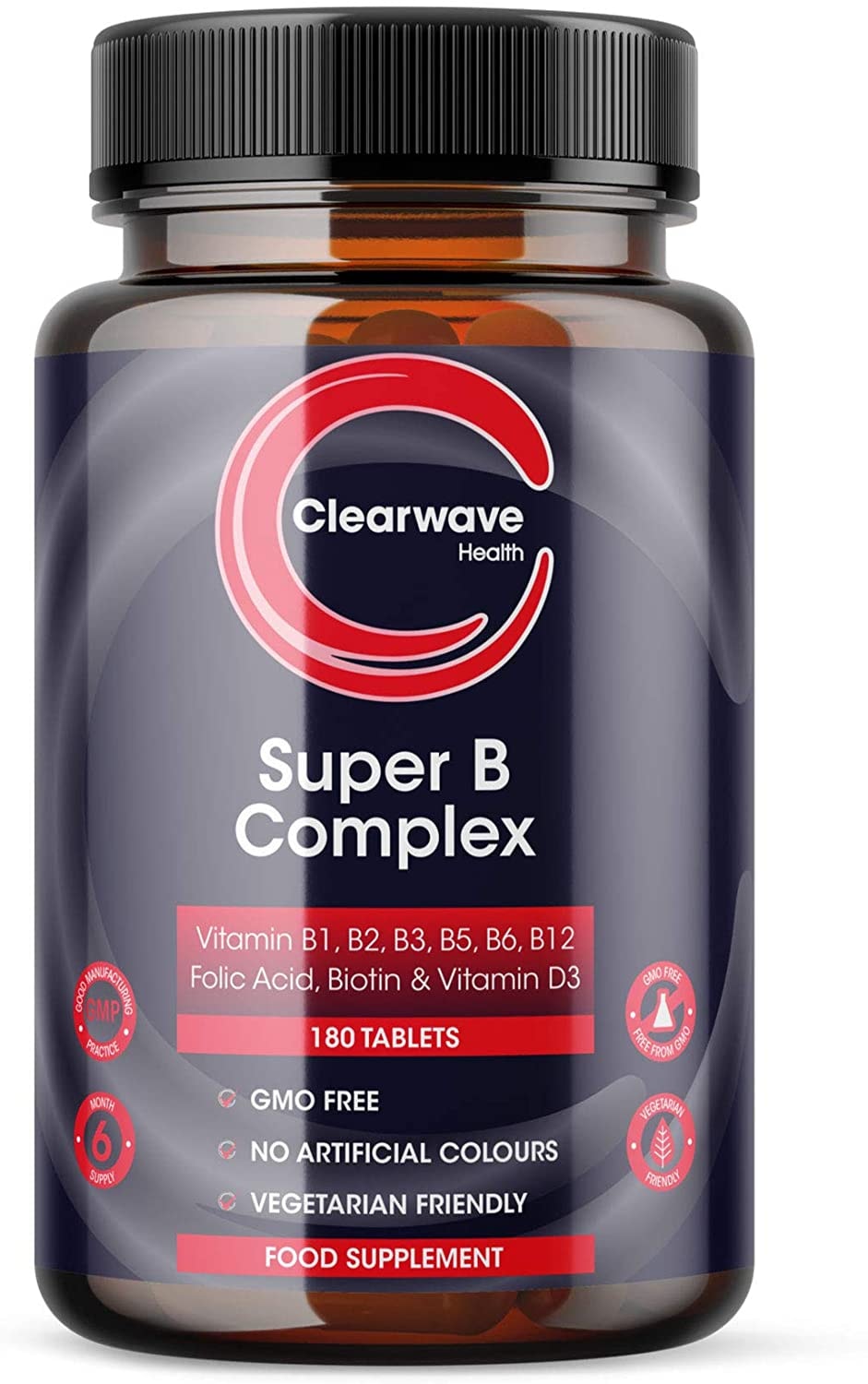 Produktbild von Clearwave Health Vitamin B Komplex Hochdosiert - 180 Tabletten (6 Monate) mit Vitamin D3 und allen 8 B Vitamine - B1, B2, B3, B5, B6, B12, Biotin, Folsäure - Clearwave Health