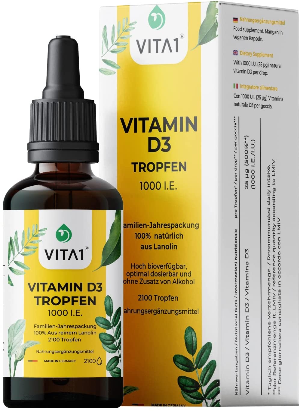 Produktbild von VITA1 Vitamin D3 Tropfen hochdosiert 1000 I.E. pro Tropfen • 50 ml • vegetarisch • für Knochen und Immunsystem • rein natürlich aus Lanolin