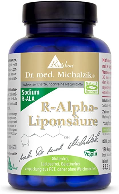 Produktbild von Biotikon R-Alpha-Liponsäure nach Dr. med. Michalzik, wichtige körpereigene Substanz, 200 mg reine R-Alpha-Liponsäure je Kapsel - ohne Zusatzstoffe, 120 vegane Kapseln