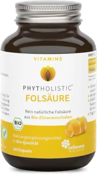Phytholistic - Bio Folsäure Kapseln im Glas – aus Zitronenschale – 500 µg rein pflanzliches Vitamin B9 – ohne künstliche Zusätze – 180 Kapseln