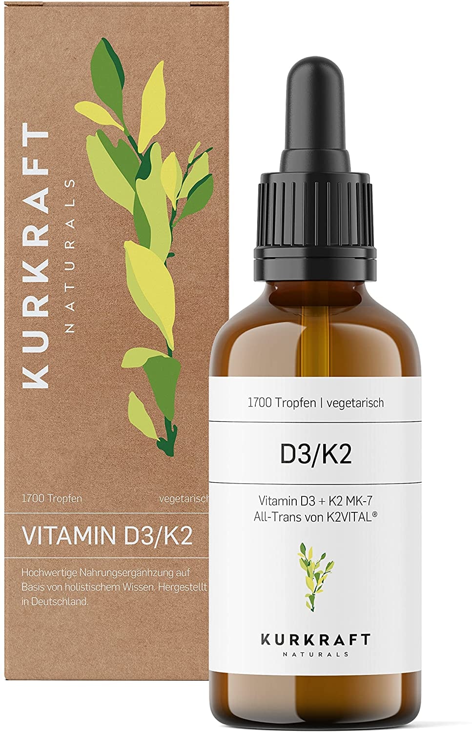 Produktbild von KURKRAFT Vitamin D3+K2 (50ml flüssig) K2VITAL® 99,7% All-Trans laborgeprüftes Vitamin D3 1000 I.E. je Tropfen Hochdosiert ohne unerwünschte Zusätze in Deutschland produziert