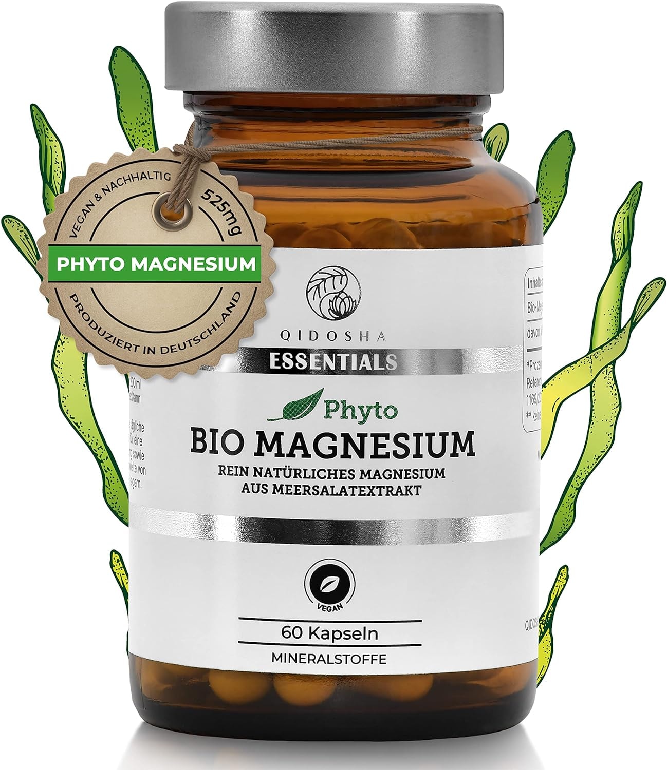 Produktbild von Bewertung QIDOSHA Bio Magnesium Kapseln hochdosiert, 525mg pflanzliches Magnesium bio je Tagesportion, 60 Kapseln im Glas, Magnesium aus Bio Meersalat Ulva lactuca, Meerlattich Magnesium, vegan, laborgeprueft