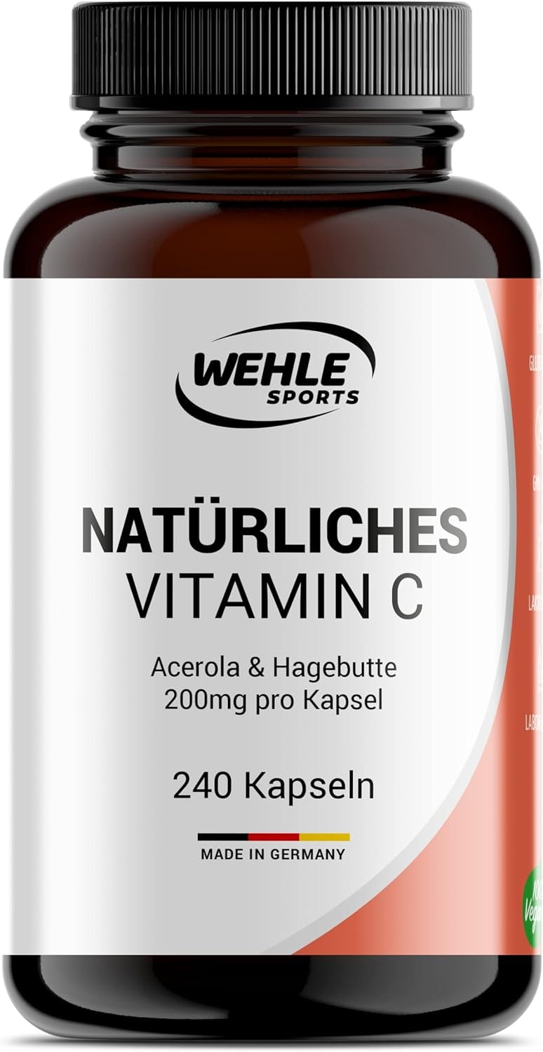 Produktbild von Bewertung Wehle Sports Natürliches Vitamin C hochdosiert 240 vegane Kapseln Acerola-Extrakt und Hagebutten-Extrakt 400mg reines Vitamin C